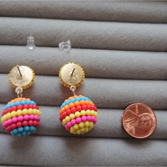 Seed Beaded Ball Drop Earrings - yellow/orange/blue yellow/orange/yellow - Picture 2 of 6